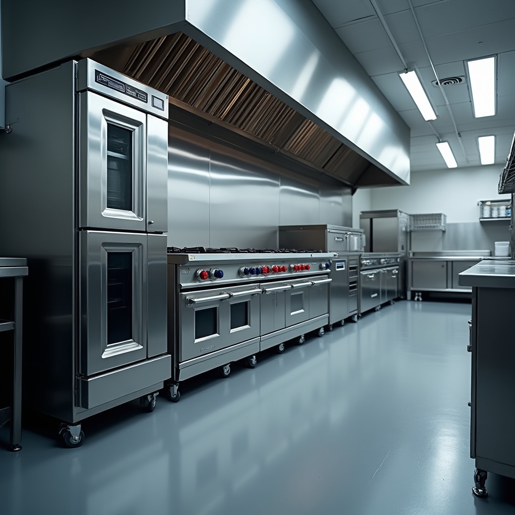 Commercial kitchen equipment including ovens and preparation surfaces in a professional setting